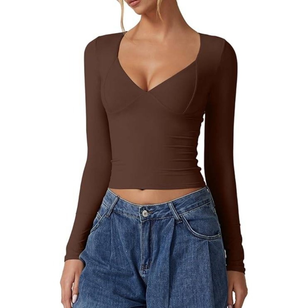 QINSEN Long Sleeve Top Womens Size Medium Brown Ruched Sweetheart Neck Slim Fit